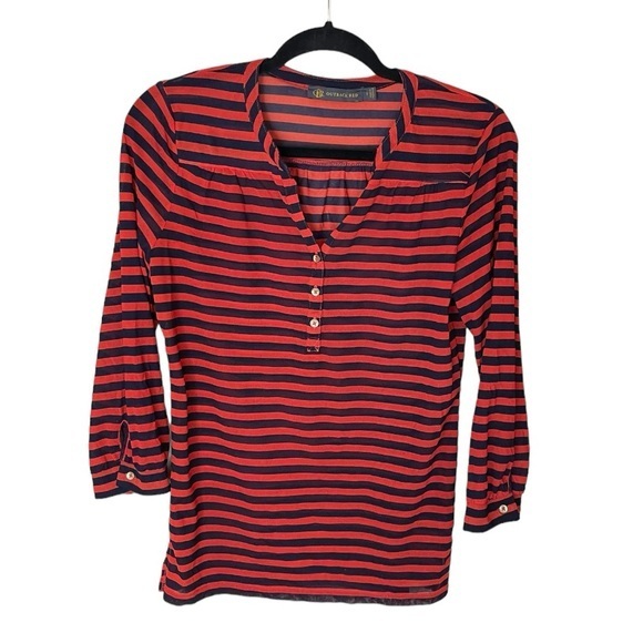 Outback Red Tops - Outback Red Navy Blue and Burnt Orange/Red Striped 3/4 Length Sleeves Size Small